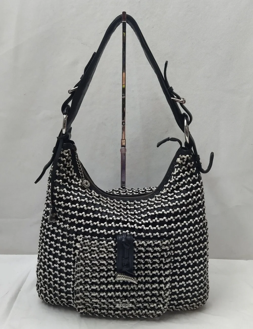 COBO International Black Nylon Mesh Woven Front Pocket Zipper Hobo Shoulder Bag